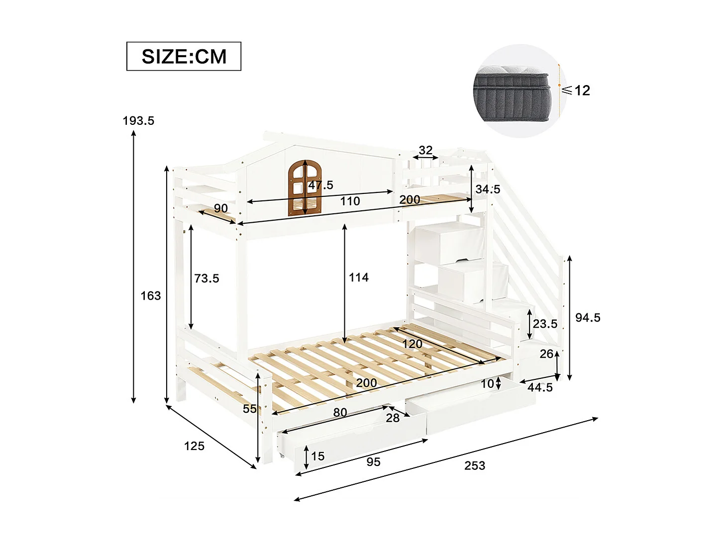 Etagenbett für Kinder 90 x 200 cm und 120 x 200 cm Zwei Schubladen mit Rollen, Fenster, Eckleiter Schrank Weiße + natürliche Oberfläche