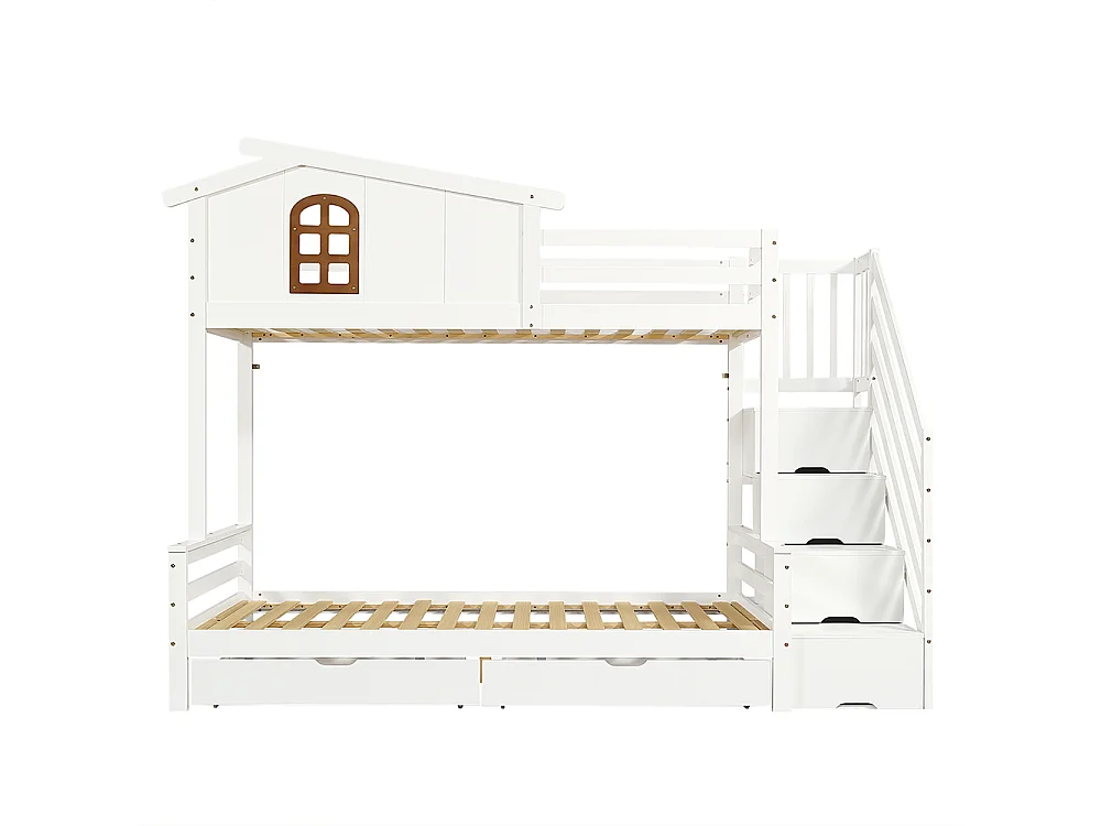 Etagenbett für Kinder 90 x 200 cm und 120 x 200 cm Zwei Schubladen mit Rollen, Fenster, Eckleiter Schrank Weiße + natürliche Oberfläche