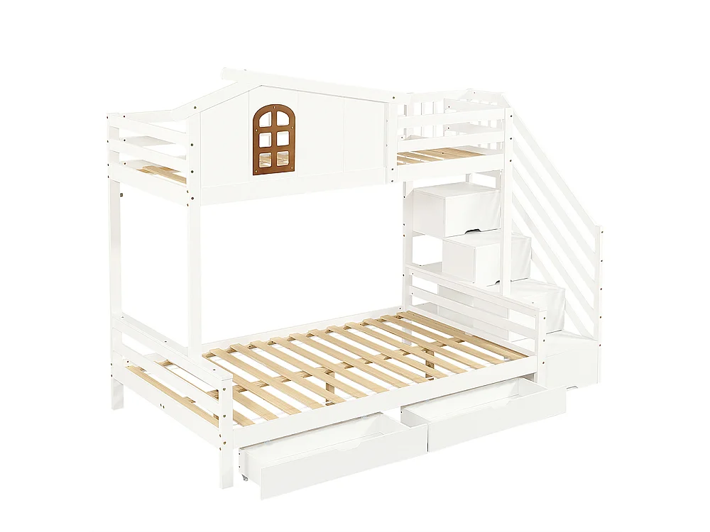 Etagenbett für Kinder 90 x 200 cm und 120 x 200 cm Zwei Schubladen mit Rollen, Fenster, Eckleiter Schrank Weiße + natürliche Oberfläche