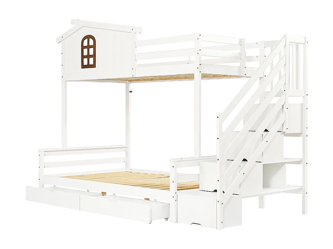 Etagenbett für Kinder 90 x 200 cm und 120 x 200 cm Zwei Schubladen mit Rollen, Fenster, Eckleiter Schrank Weiße + natürliche Oberfläche