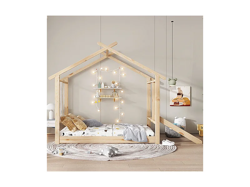 Einzelbett für Kinder 90 x 200 cm, mit Rutsche, weiße Bretter, schönes Dachdesign, Kiefer + MDF + Sperrholz, naturfarben