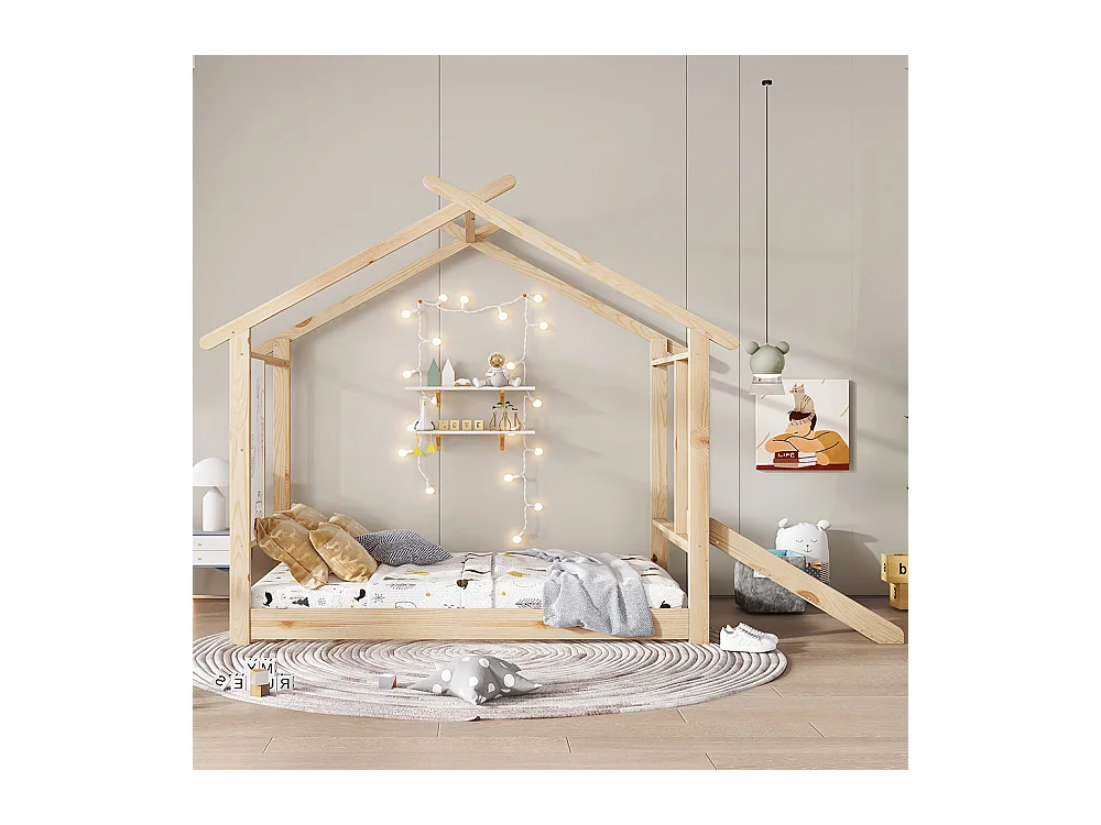 Cama infantil individual 90 x 200 cm, con tobogán, tablas blancas, bonito diseño del techo, pino + MDF + contrachapado, color natural