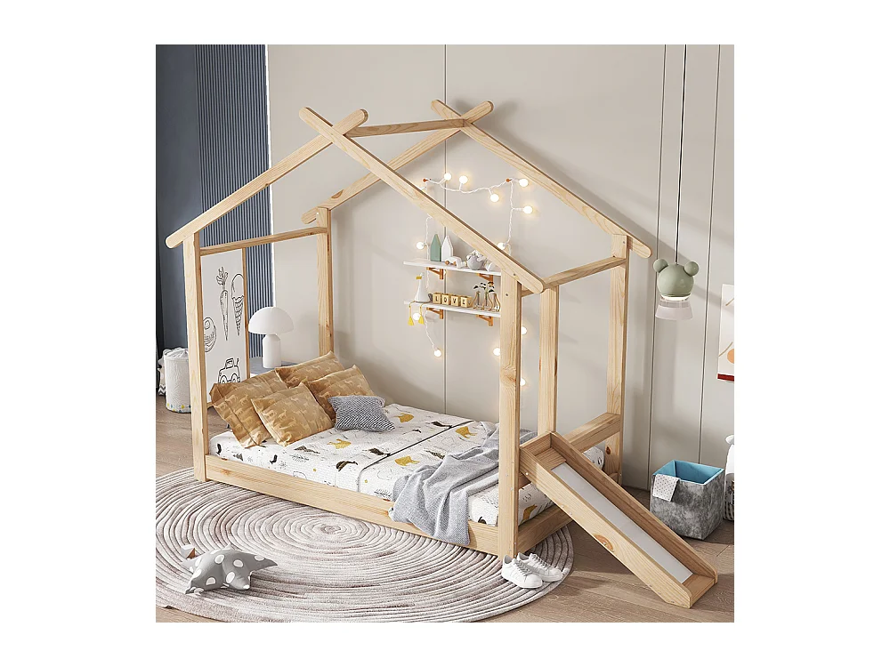 Cama infantil individual 90 x 200 cm, con tobogán, tablas blancas, bonito diseño del techo, pino + MDF + contrachapado, color natural