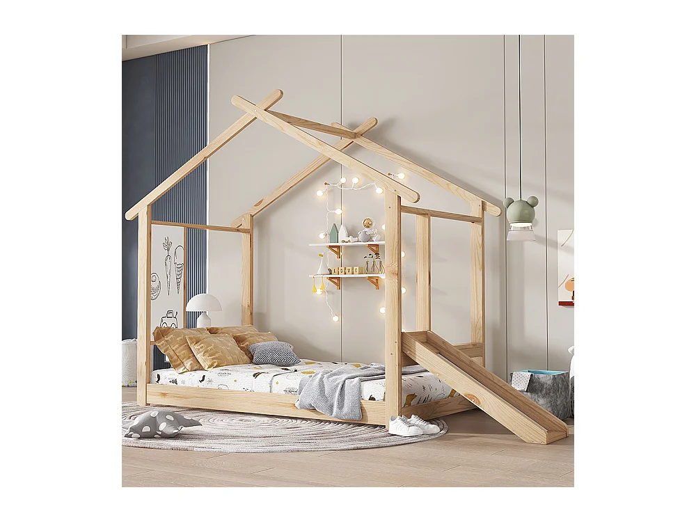 Lit simple enfant 90x200cm, avec toboggan, planches blanches, beau design de toit, pin + MDF + contreplaqué, couleur naturelle