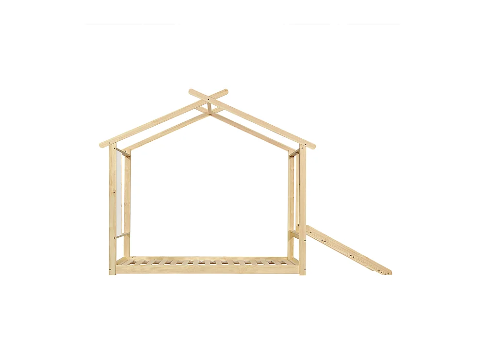 Lit simple enfant 90x200cm, avec toboggan, planches blanches, beau design de toit, pin + MDF + contreplaqué, couleur naturelle