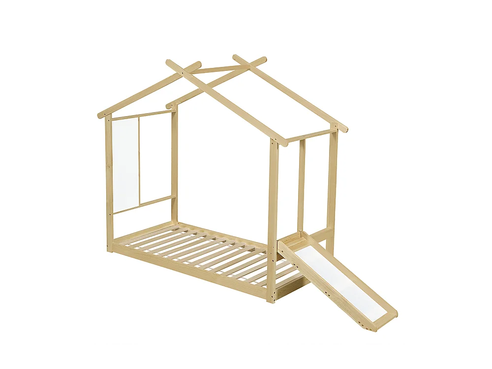 Lit simple enfant 90x200cm, avec toboggan, planches blanches, beau design de toit, pin + MDF + contreplaqué, couleur naturelle