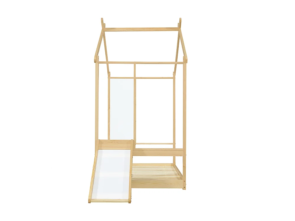Lit simple enfant 90x200cm, avec toboggan, planches blanches, beau design de toit, pin + MDF + contreplaqué, couleur naturelle