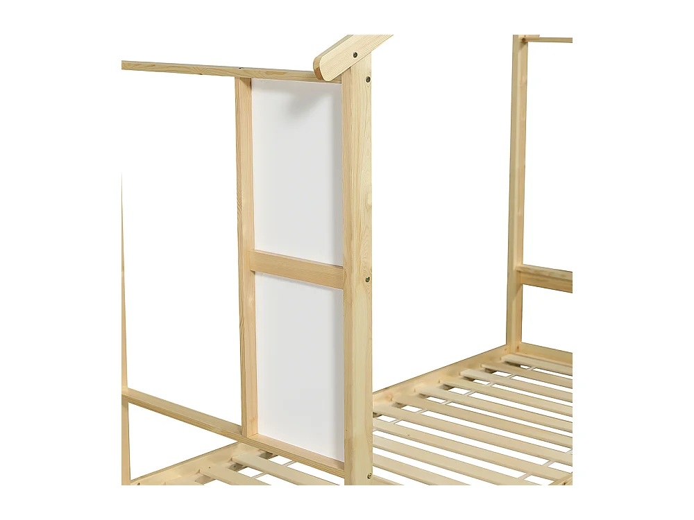 Lit simple enfant 90x200cm, avec toboggan, planches blanches, beau design de toit, pin + MDF + contreplaqué, couleur naturelle