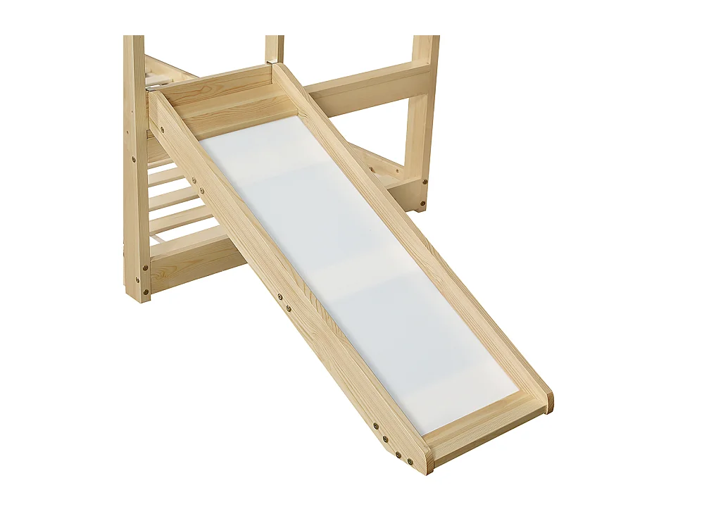 Lit simple enfant 90x200cm, avec toboggan, planches blanches, beau design de toit, pin + MDF + contreplaqué, couleur naturelle