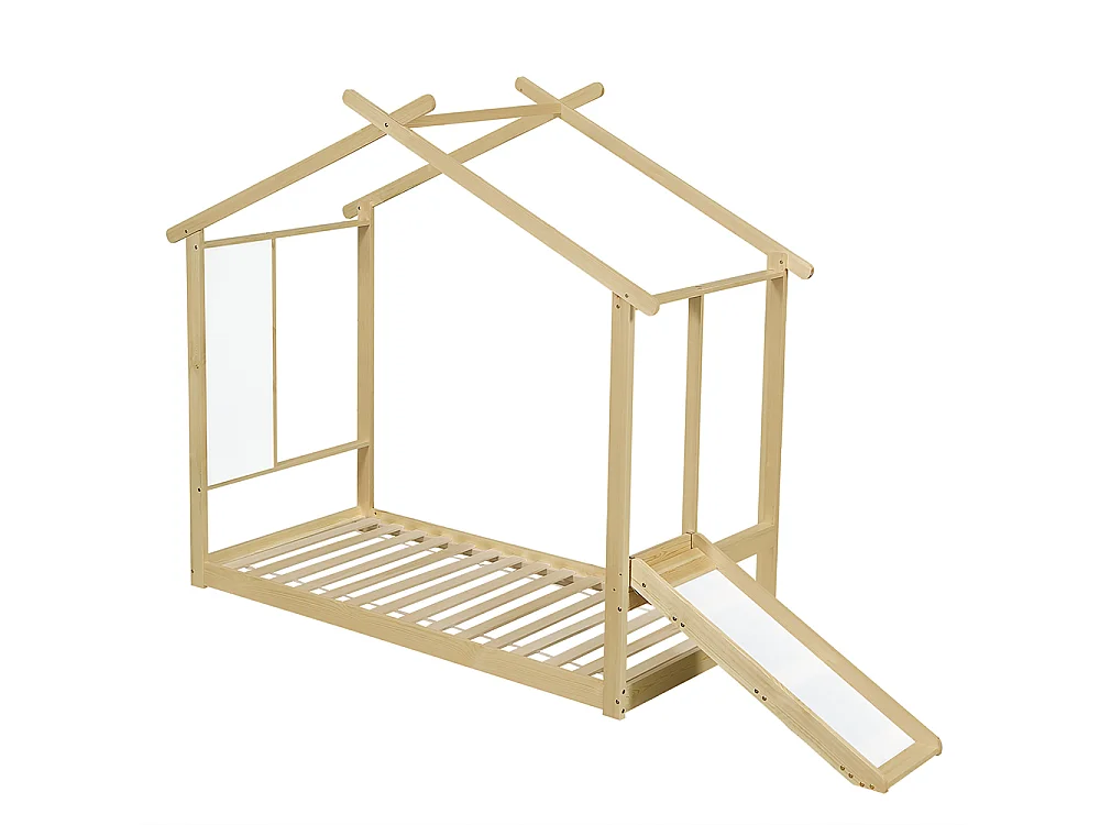 Eenpersoons kinderbed 90x200cm, met glijbaan, witte planken, mooi dakontwerp, grenen + MDF + multiplex, natuurlijke kleur