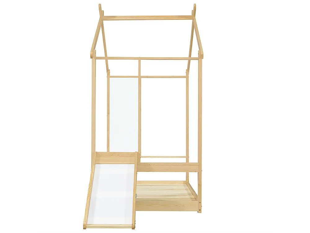 Eenpersoons kinderbed 90x200cm, met glijbaan, witte planken, mooi dakontwerp, grenen + MDF + multiplex, natuurlijke kleur