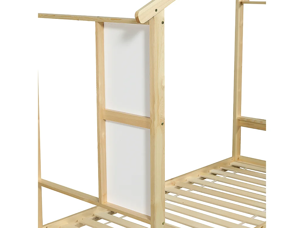 Eenpersoons kinderbed 90x200cm, met glijbaan, witte planken, mooi dakontwerp, grenen + MDF + multiplex, natuurlijke kleur