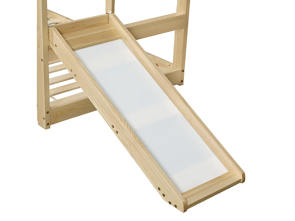 Eenpersoons kinderbed 90x200cm, met glijbaan, witte planken, mooi dakontwerp, grenen + MDF + multiplex, natuurlijke kleur