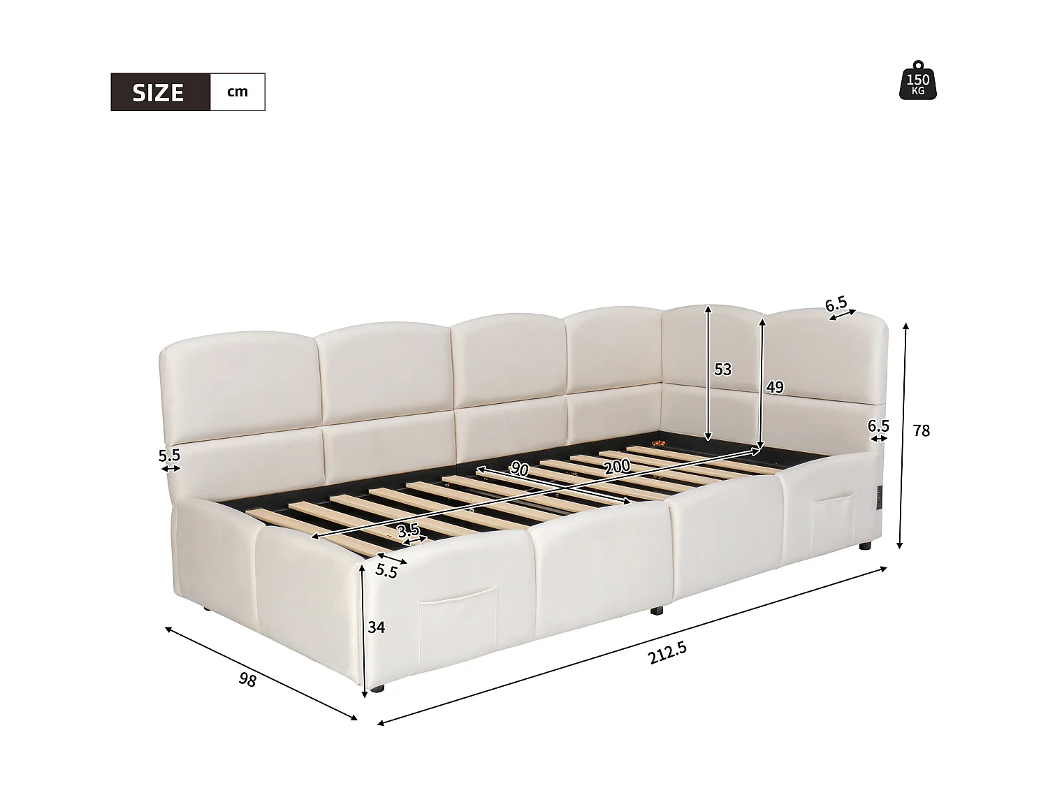 Letto imbottito per bambini 90x200 cm, con rete a doghe, caricatore USB, sacca di stoccaggio, velluto, beige