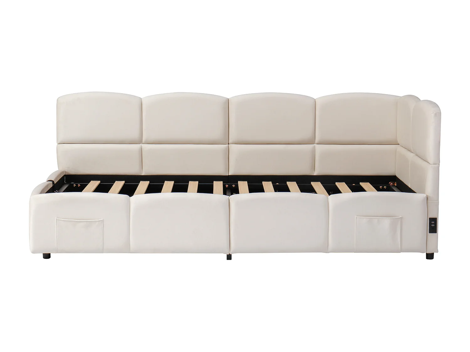 Letto imbottito per bambini 90x200 cm, con rete a doghe, caricatore USB, sacca di stoccaggio, velluto, beige