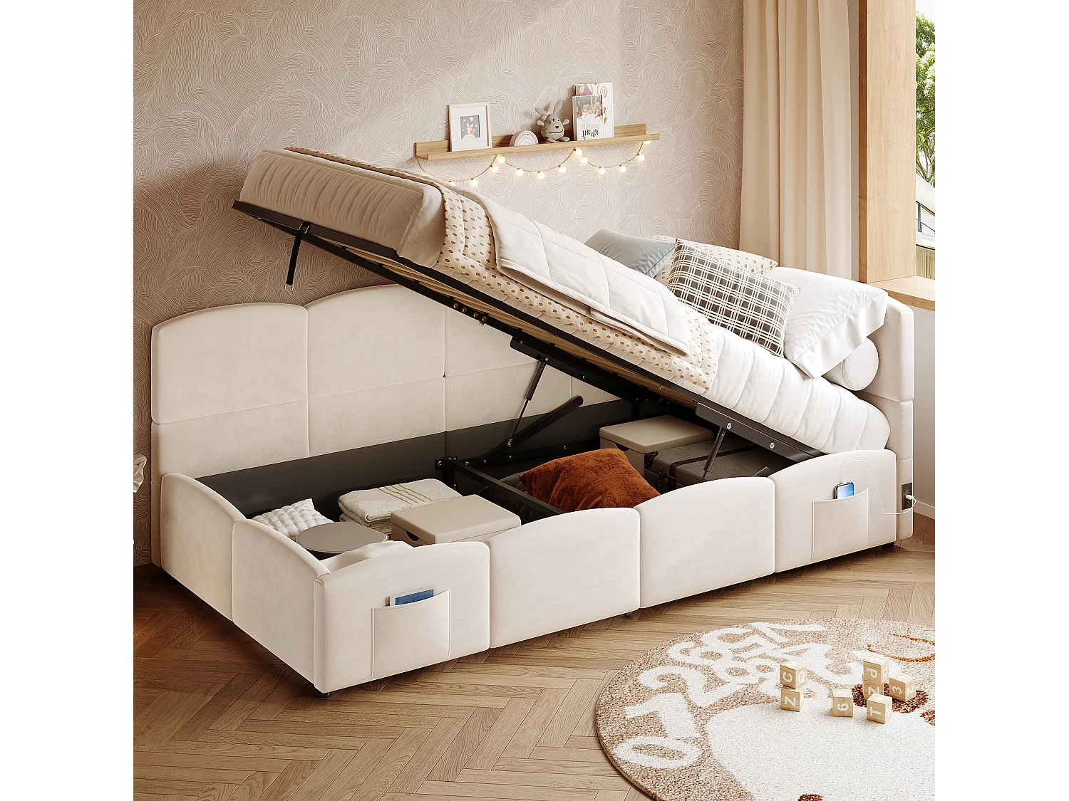 Lit d'enfant rembourré 90x200 cm, avec sommier à lattes, chargeur USB, sac de rangement, velours, beige