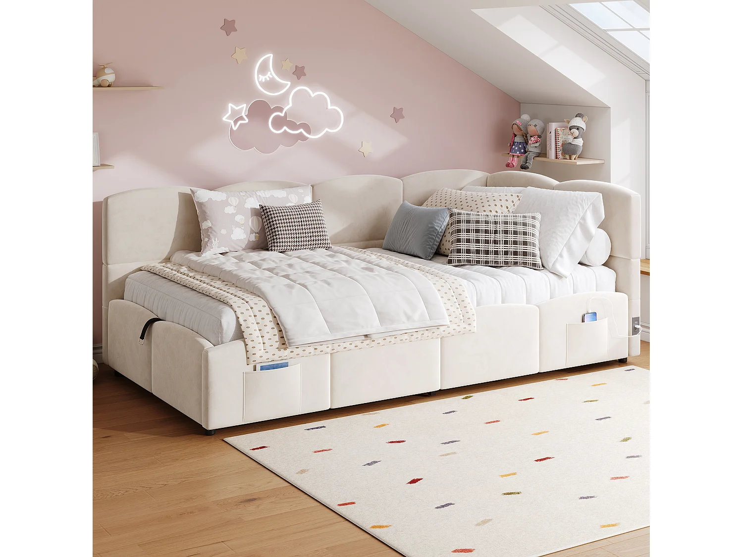 Lit d'enfant rembourré 90x200 cm, avec sommier à lattes, chargeur USB, sac de rangement, velours, beige