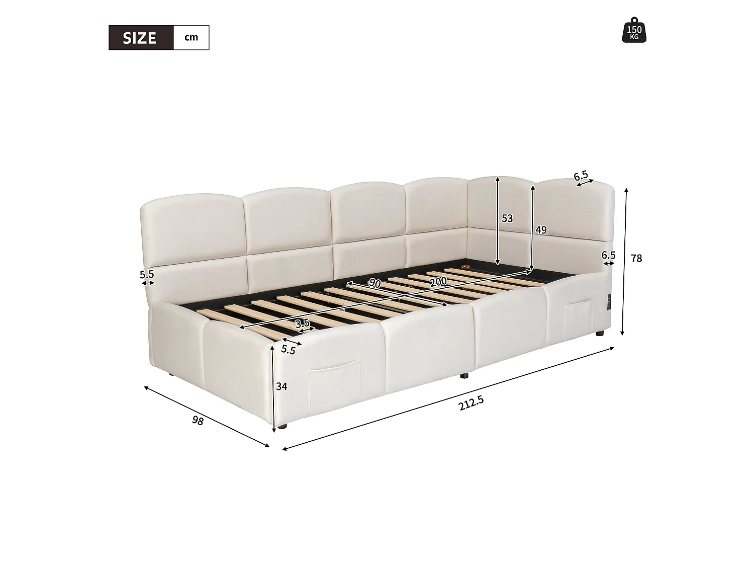 Lit d'enfant rembourré 90x200 cm, avec sommier à lattes, chargeur USB, sac de rangement, velours, beige
