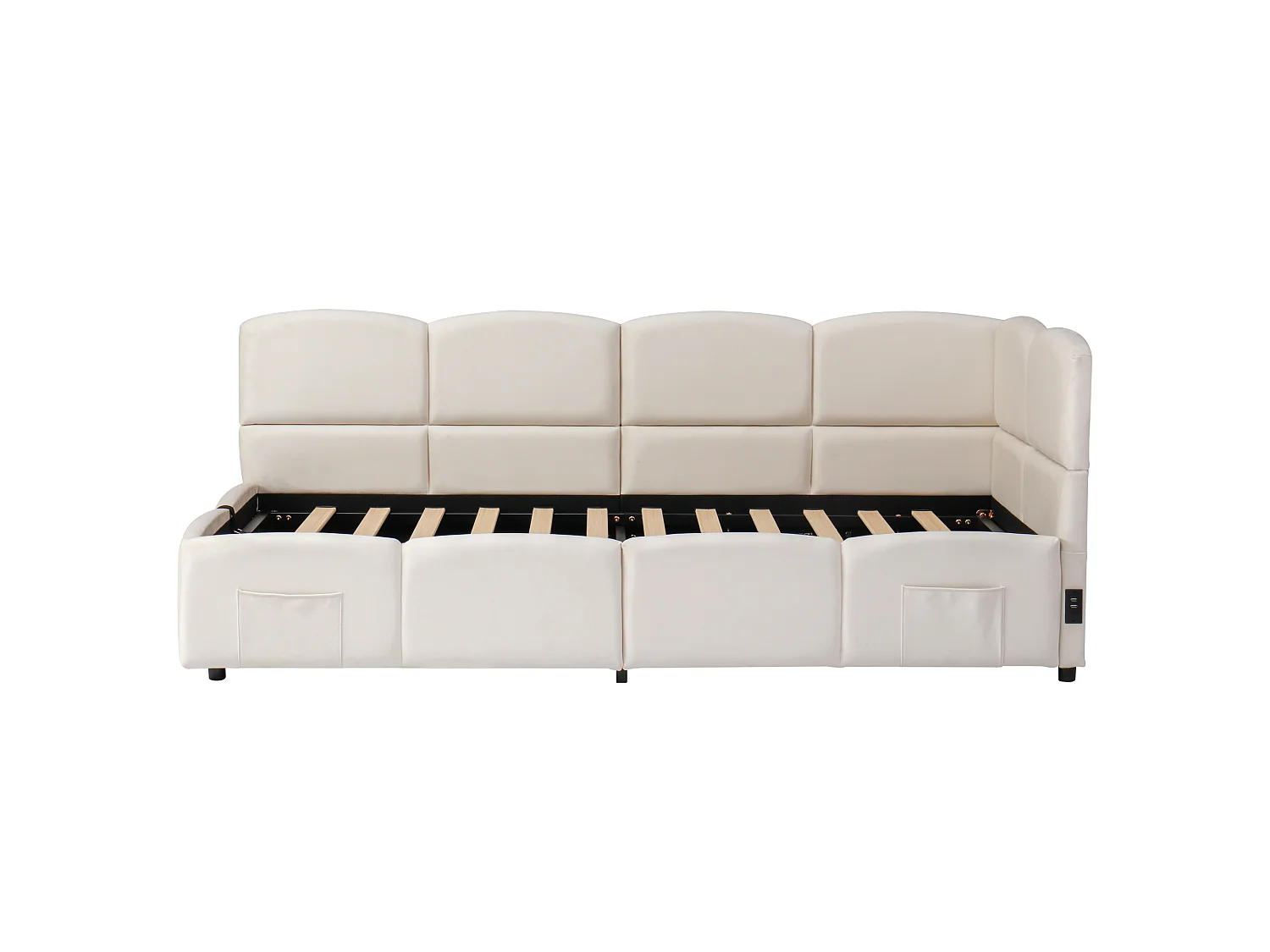Lit d'enfant rembourré 90x200 cm, avec sommier à lattes, chargeur USB, sac de rangement, velours, beige