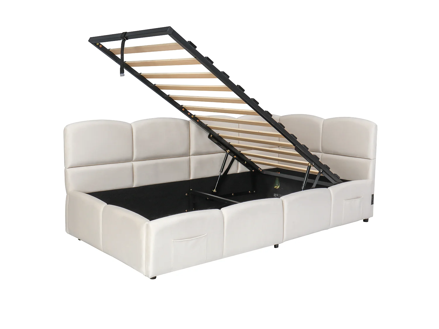 Lit d'enfant rembourré 90x200 cm, avec sommier à lattes, chargeur USB, sac de rangement, velours, beige