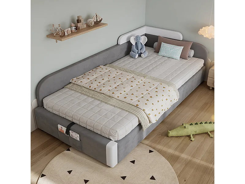 Lit hydraulique pour enfants 90x200cm, barrières souples, panneau latéral gauche, velours + contreplaqué, gris