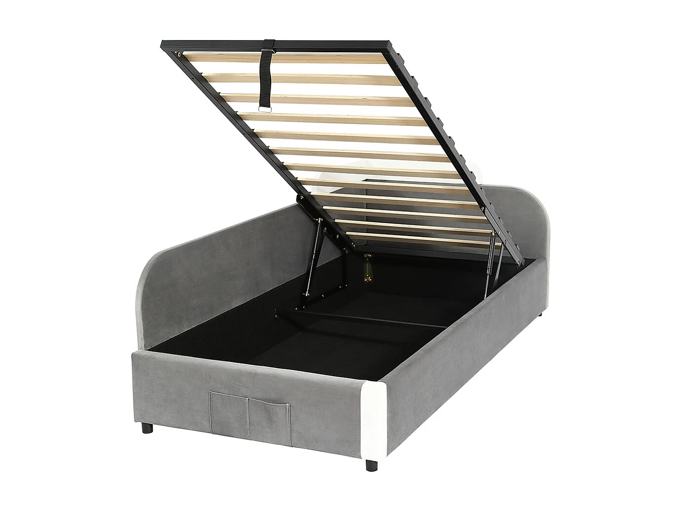 Lit hydraulique pour enfants 90x200cm, barrières souples, panneau latéral gauche, velours + contreplaqué, gris