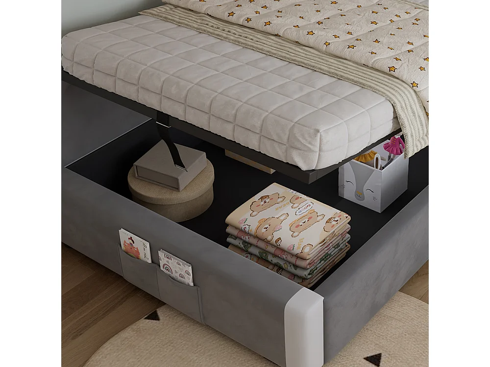 Lit hydraulique pour enfants 90x200cm, barrières souples, panneau latéral gauche, velours + contreplaqué, gris