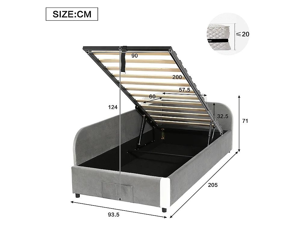 Lit hydraulique pour enfants 90x200cm, barrières souples, panneau latéral gauche, velours + contreplaqué, gris