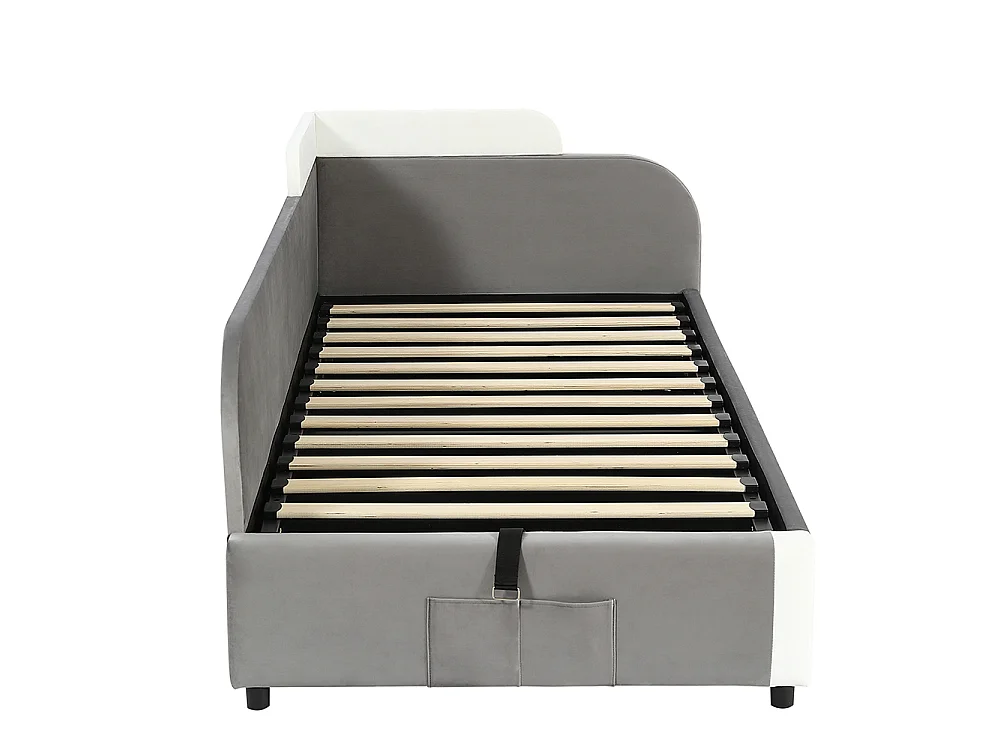 Lit hydraulique pour enfants 90x200cm, barrières souples, panneau latéral gauche, velours + contreplaqué, gris