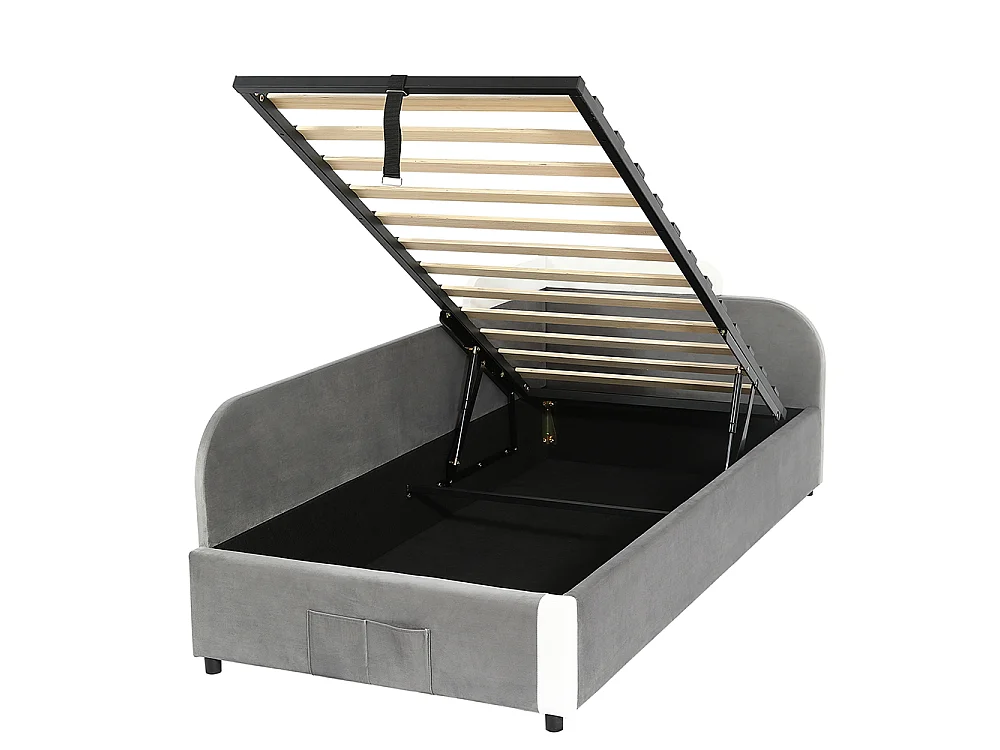Lit hydraulique pour enfants 90x200cm, barrières souples, panneau latéral gauche, velours + contreplaqué, gris