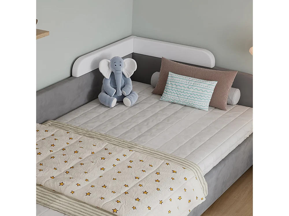 Lit hydraulique pour enfants 90x200cm, barrières souples, panneau latéral gauche, velours + contreplaqué, gris