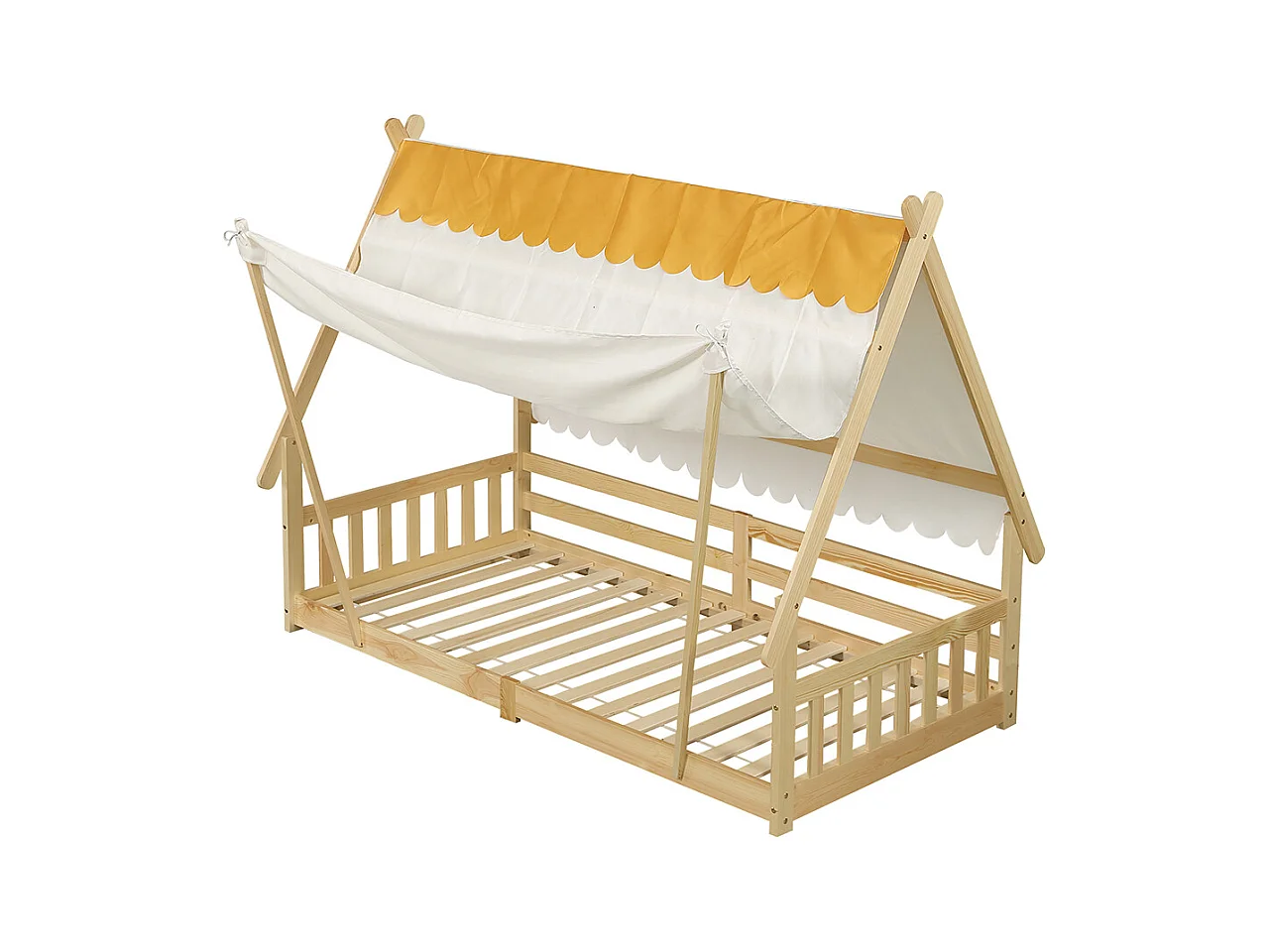 Cama infantil 90 x 190 cm, diseño en forma de cabaña, tienda de campaña extraíble, con barreras de seguridad, pino + contrachapado, color natural