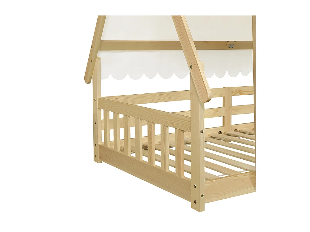 Cama infantil 90 x 190 cm, diseño en forma de cabaña, tienda de campaña extraíble, con barreras de seguridad, pino + contrachapado, color natural