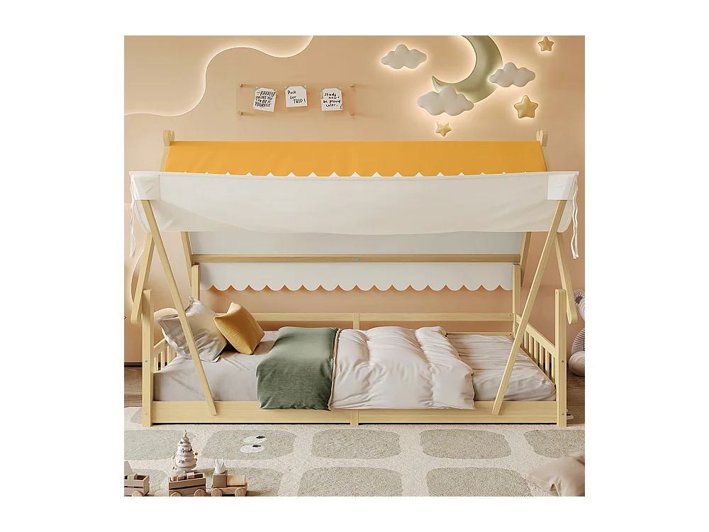 Lit d'enfant 90x190cm, design en forme de cabane, tente amovible, avec barrières de sécurité, pin + contreplaqué, couleur naturelle