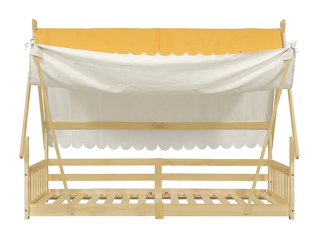 Kinderbed 90x190cm, hutvormig ontwerp, afneembare tent, met veiligheidshekken, grenen + multiplex, naturel kleur
