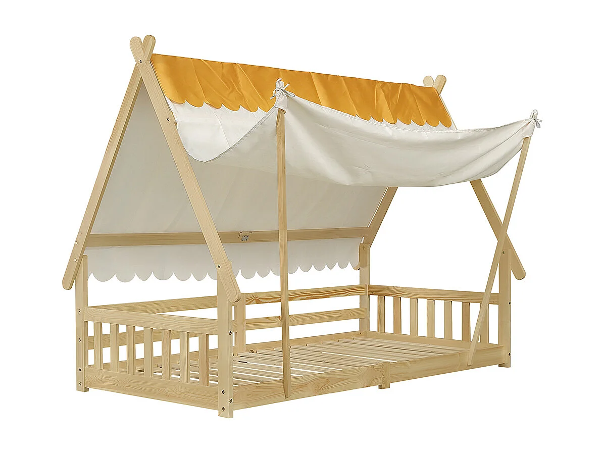 Kinderbed 90x190cm, hutvormig ontwerp, afneembare tent, met veiligheidshekken, grenen + multiplex, naturel kleur