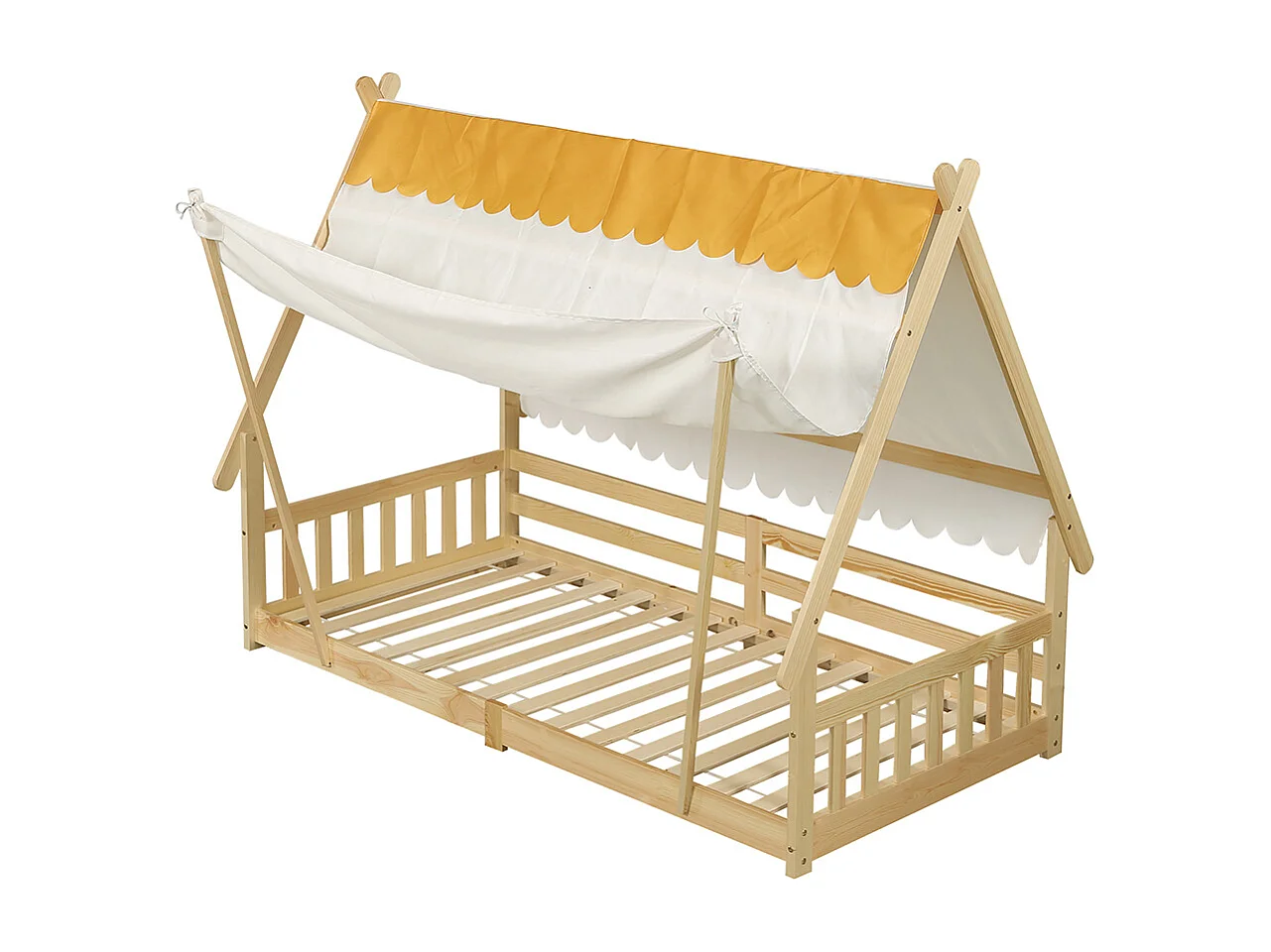 Kinderbed 90x190cm, hutvormig ontwerp, afneembare tent, met veiligheidshekken, grenen + multiplex, naturel kleur