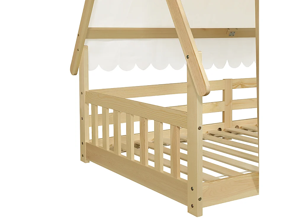 Kinderbed 90x190cm, hutvormig ontwerp, afneembare tent, met veiligheidshekken, grenen + multiplex, naturel kleur