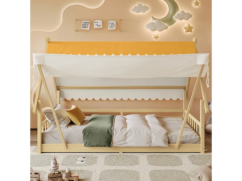 Lit d'enfant 90x190cm, design en forme de cabane, tente amovible, avec barrières de sécurité, pin + contreplaqué, couleur naturelle