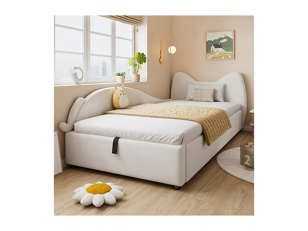 Hydraulisches Kinderbett 90 x 200 cm, niedliches Katzendesign, Bettrahmen mit Stauraumlatten, linke Seitenwand, Samt, beige