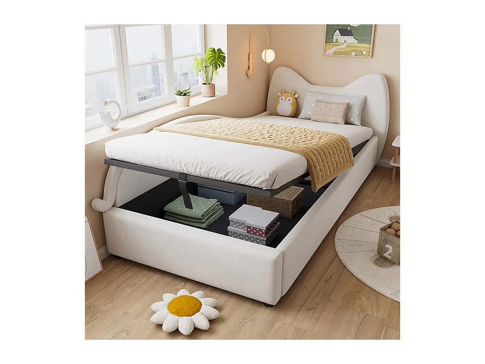 Hydraulisches Kinderbett 90 x 200 cm, niedliches Katzendesign, Bettrahmen mit Stauraumlatten, linke Seitenwand, Samt, beige