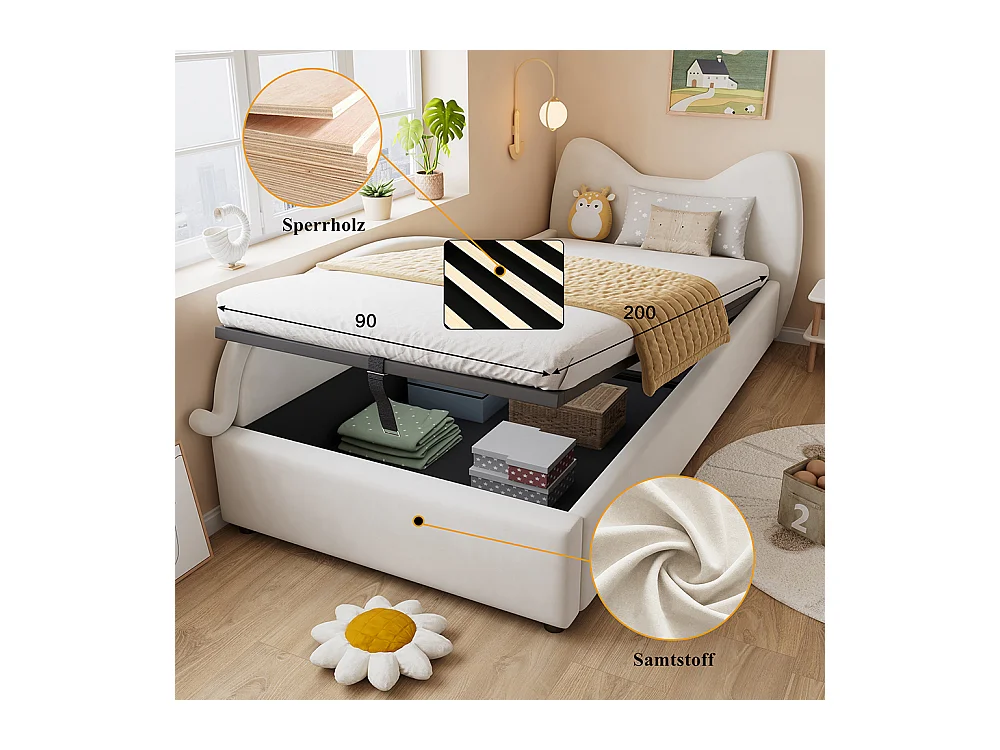 Hydraulisches Kinderbett 90 x 200 cm, niedliches Katzendesign, Bettrahmen mit Stauraumlatten, linke Seitenwand, Samt, beige