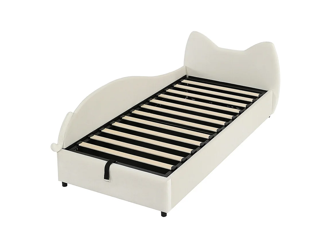 Hydraulisches Kinderbett 90 x 200 cm, niedliches Katzendesign, Bettrahmen mit Stauraumlatten, linke Seitenwand, Samt, beige