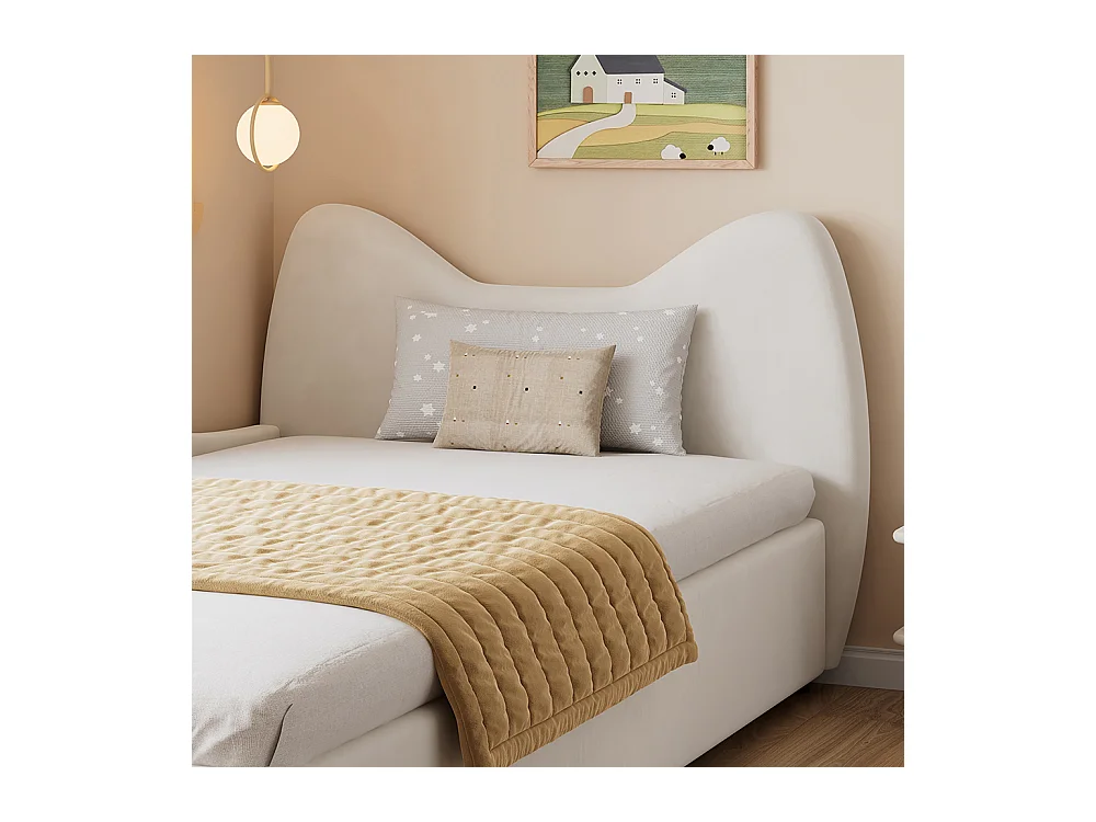 Hydraulisches Kinderbett 90 x 200 cm, niedliches Katzendesign, Bettrahmen mit Stauraumlatten, linke Seitenwand, Samt, beige