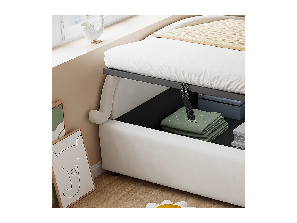 Hydraulisches Kinderbett 90 x 200 cm, niedliches Katzendesign, Bettrahmen mit Stauraumlatten, linke Seitenwand, Samt, beige