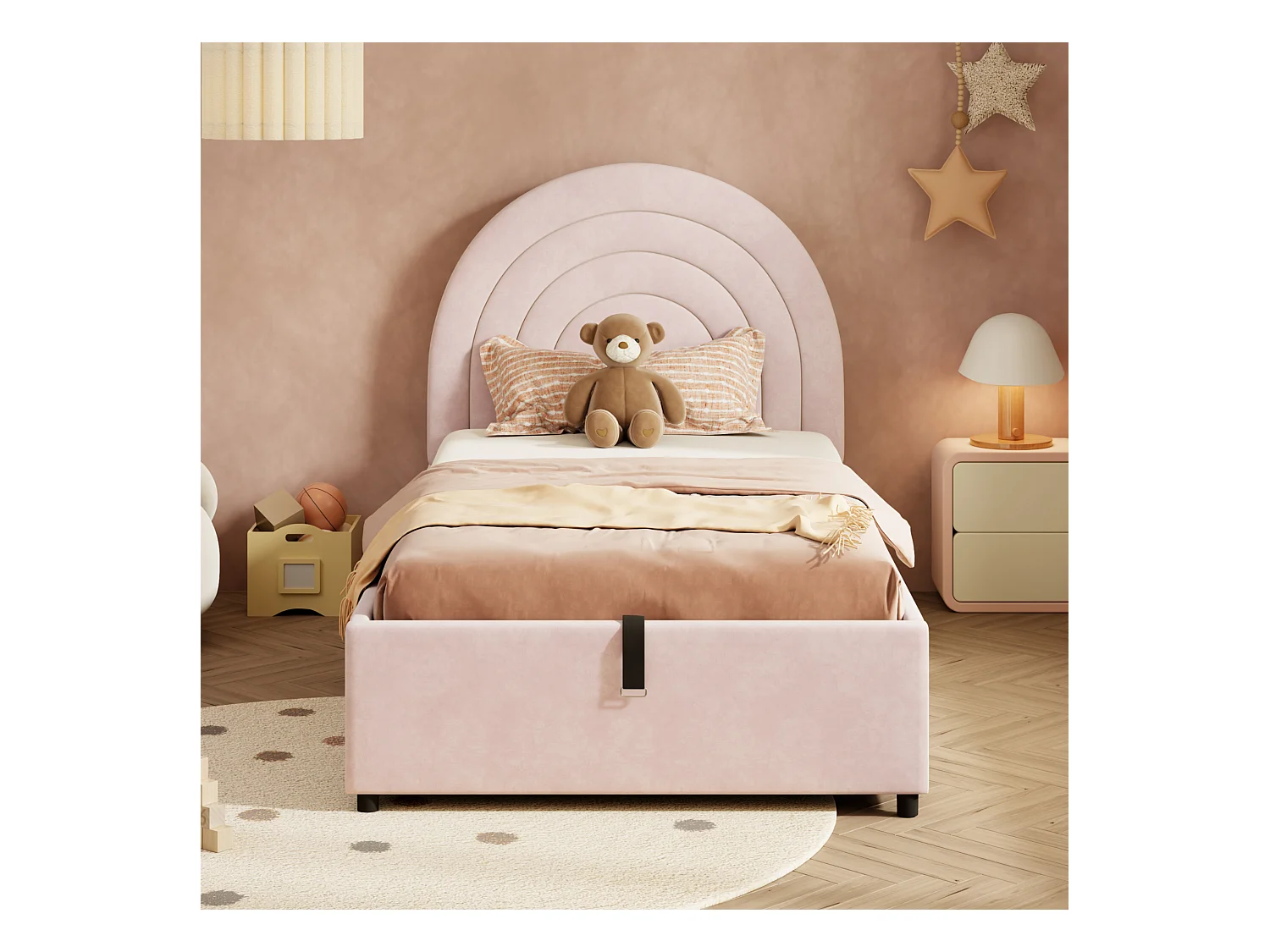 Cama infantil 90*200, con somier de láminas y cabecero, terciopelo, rosa