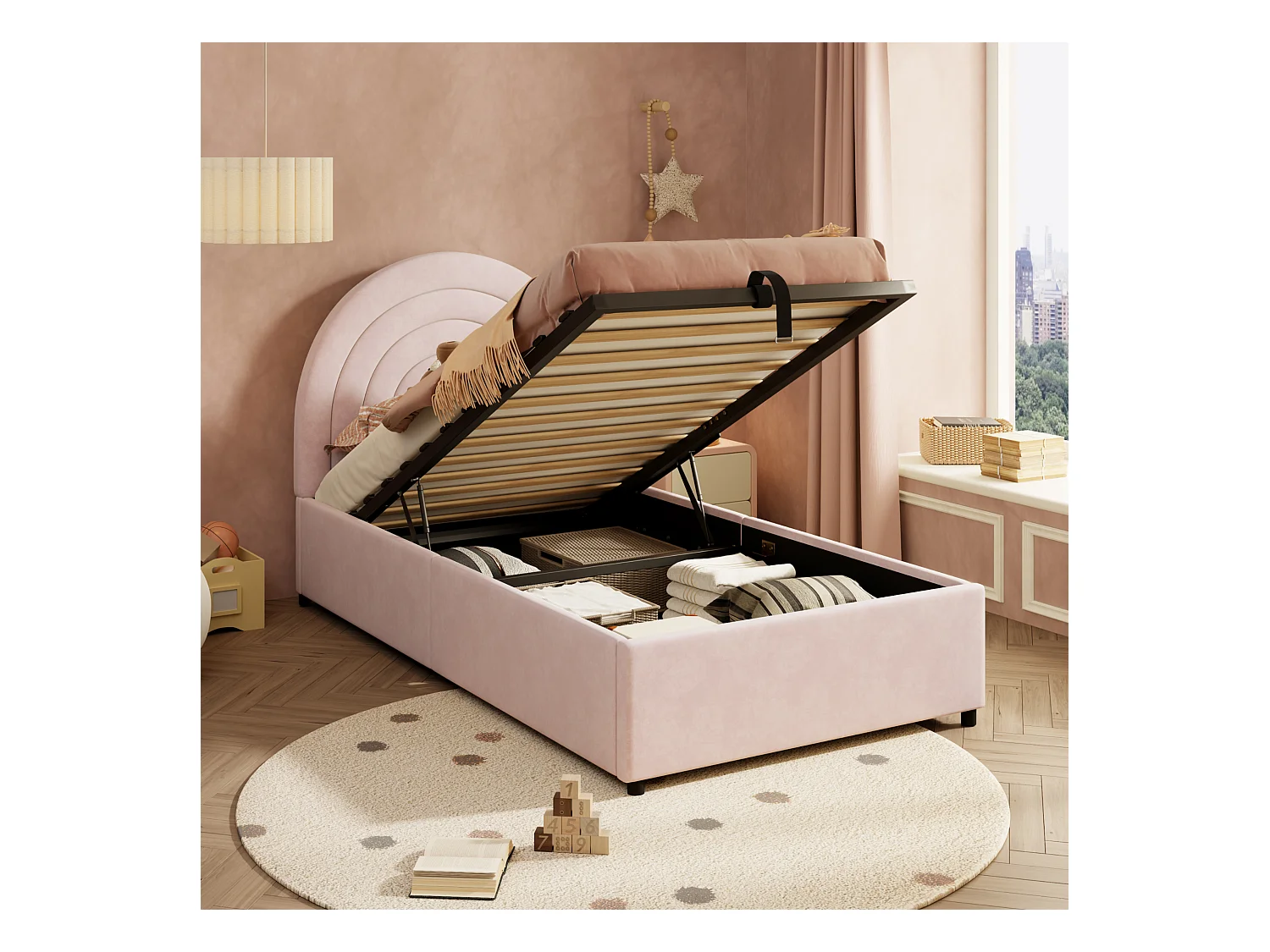 Cama infantil 90*200, con somier de láminas y cabecero, terciopelo, rosa