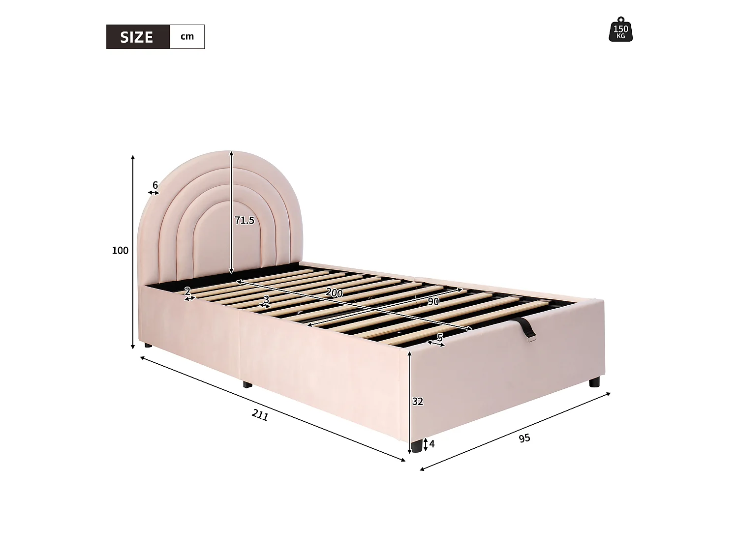 Kinderbed 90*200, met lattenbodem en hoofdeinde, fluweel, roze
