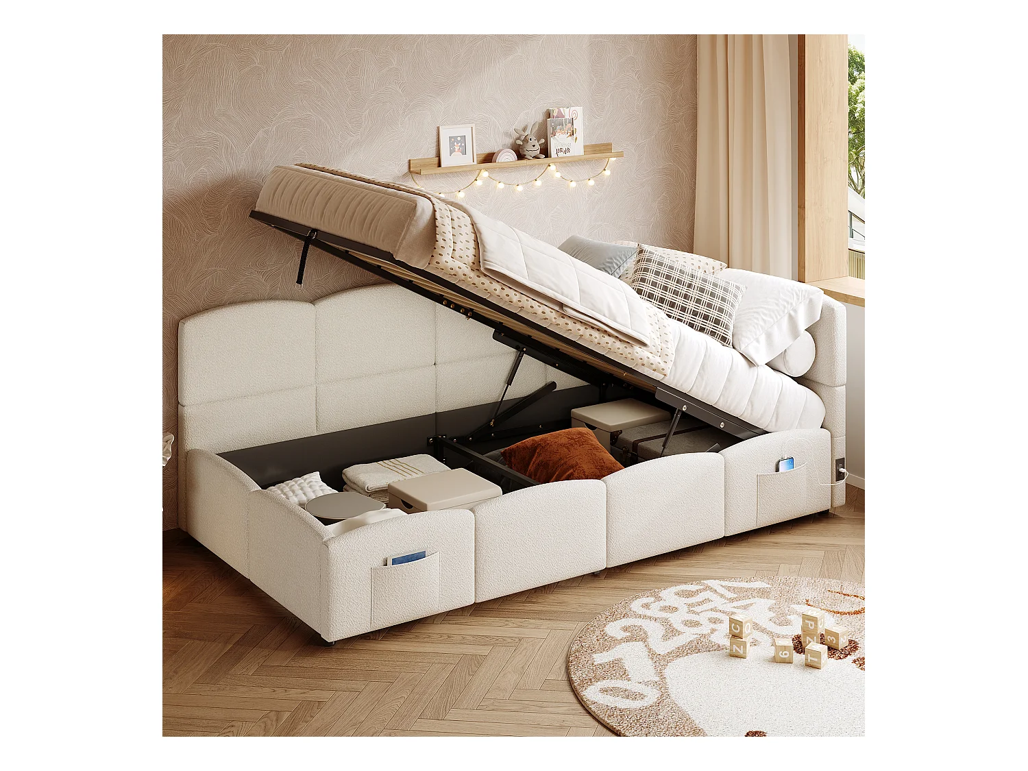 Gepolstertes Kinderbett 90x200 cm, mit Lattenrost, Buchla-Stoff, USB-Ladegerät, Aufbewahrungstasche, beige