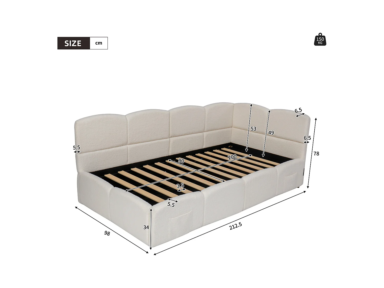 Gepolstertes Kinderbett 90x200 cm, mit Lattenrost, Buchla-Stoff, USB-Ladegerät, Aufbewahrungstasche, beige